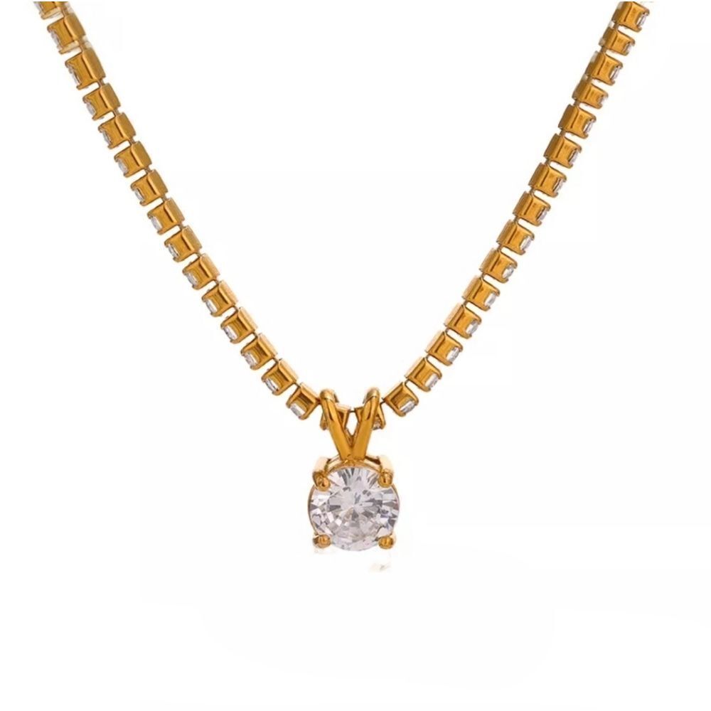 18K Gold Plated Cubic Zirconia Stainless Steel Tennis Pendant Necklace